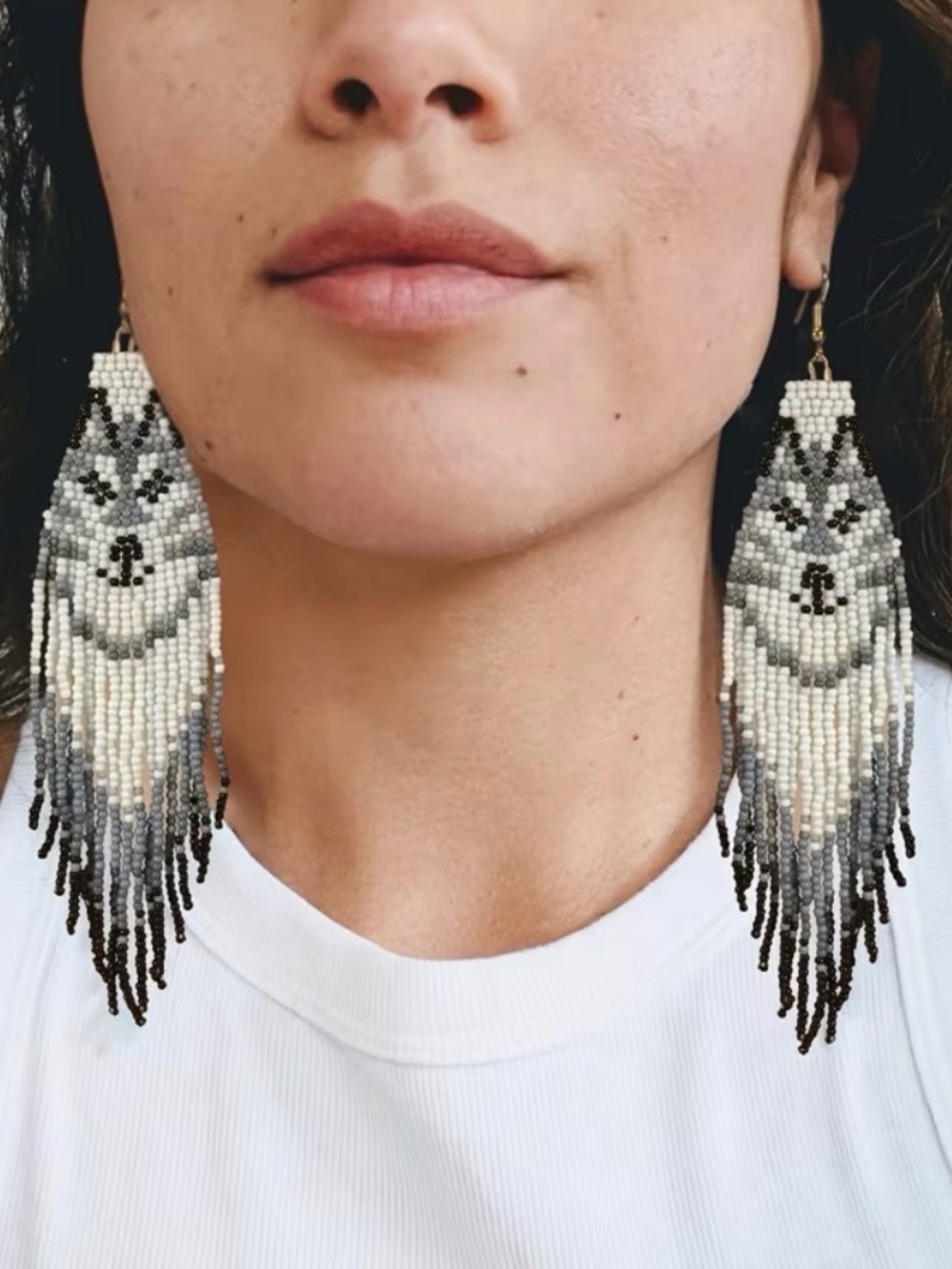 Beaded Fringe Gray Wolf Drop Earrings